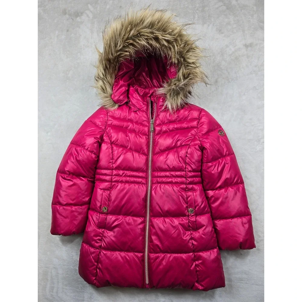 Michael‎ Kors Puffer Jacket Girls 5/6 Pink Faux Fur Removable Hood Coat
